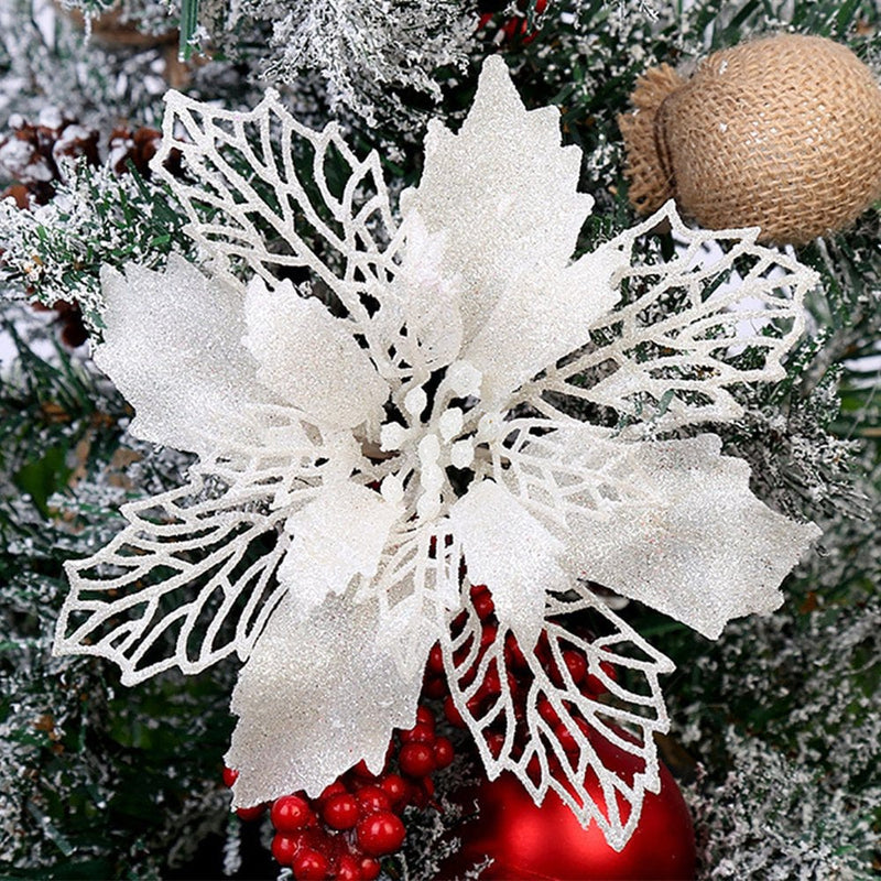 1/10 Pcs Christmas Large Poinsettia Glitter Flower Tree Decorations Xmas Party