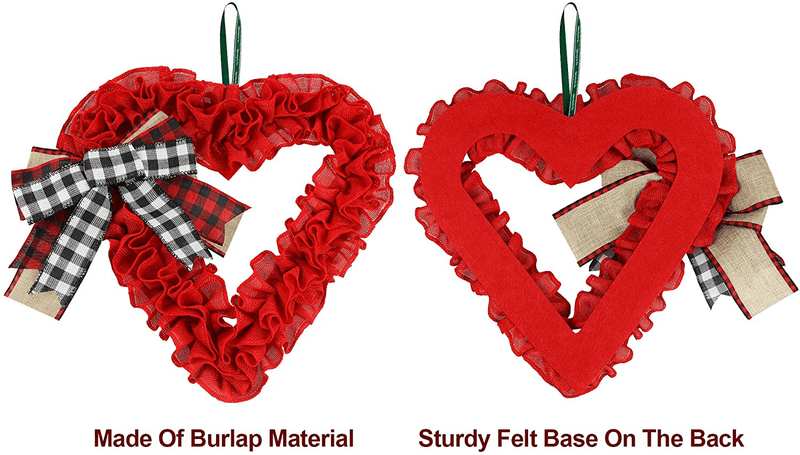14 Inch Valentines Day Wreath Decorations, Burlap Heart Shaped Wreath with Buffalo Plaid Bows for Front Door Farmhouse Valentine'S Day Decorations Party Supplies