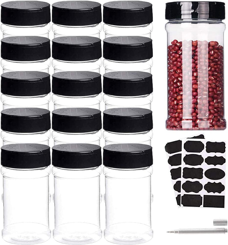 16 Pack 7Oz Clear Plastic Spice Jars with Black Shaker Lids,Round Seasoning Containers with Chalkboard Labels,Chalk Marker,Storage Bottle Organizers for Storing Spice,Herbs and Glitter