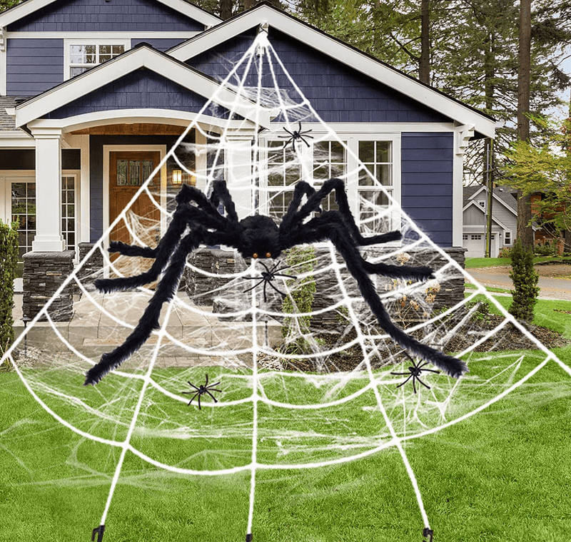 200" Spider Web Halloween Decorations Outdoor Indoor + 59" Huge Big Large Giant Spider + Fake Spider Stretch Cobweb Triangular Haunted Cute Creepy Cheap Lawn Yard Home Costumes Party Scary House Decor