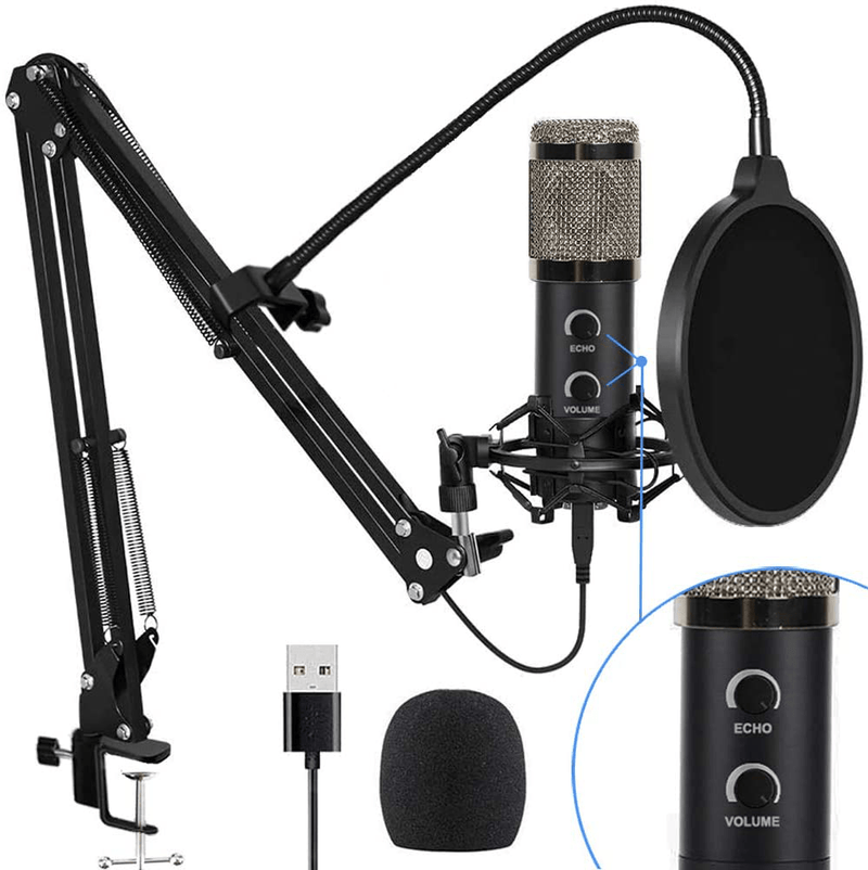 2021 Upgraded USB Condenser Microphone for Computer, Great for Gaming, Podcast, LiveStreaming, YouTube Recording, Karaoke on PC, Plug & Play, with Adjustable Metal Arm Stand, Ideal for Gift, Black