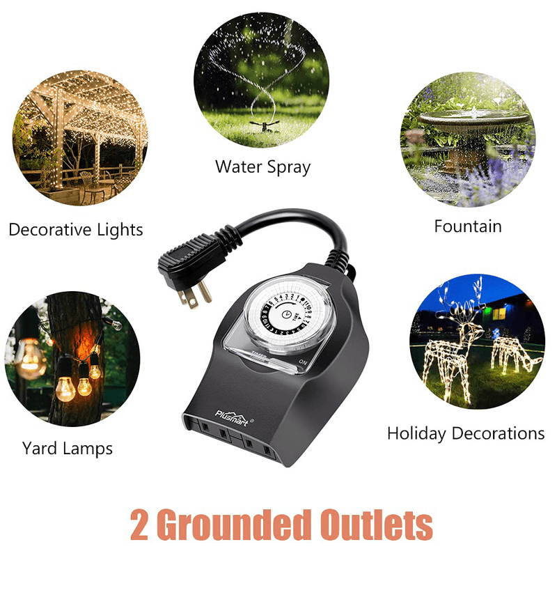 24 Hour Outdoor Outlet Timer, Plusmart Lights Timer Waterproof, Heavy Duty Plug in Mechanical Timer with 2 Grounded Outlet, 15A 1/2HP