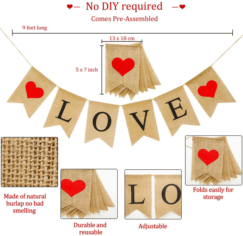 3 Pieces Valentines Day Banner Burlap Love Banner Be Mine Banner Felt Heart Garland Banner for Valentines Day, Wedding Engagement and Party Decoration Supplies (Love Banner and Felt Heart)