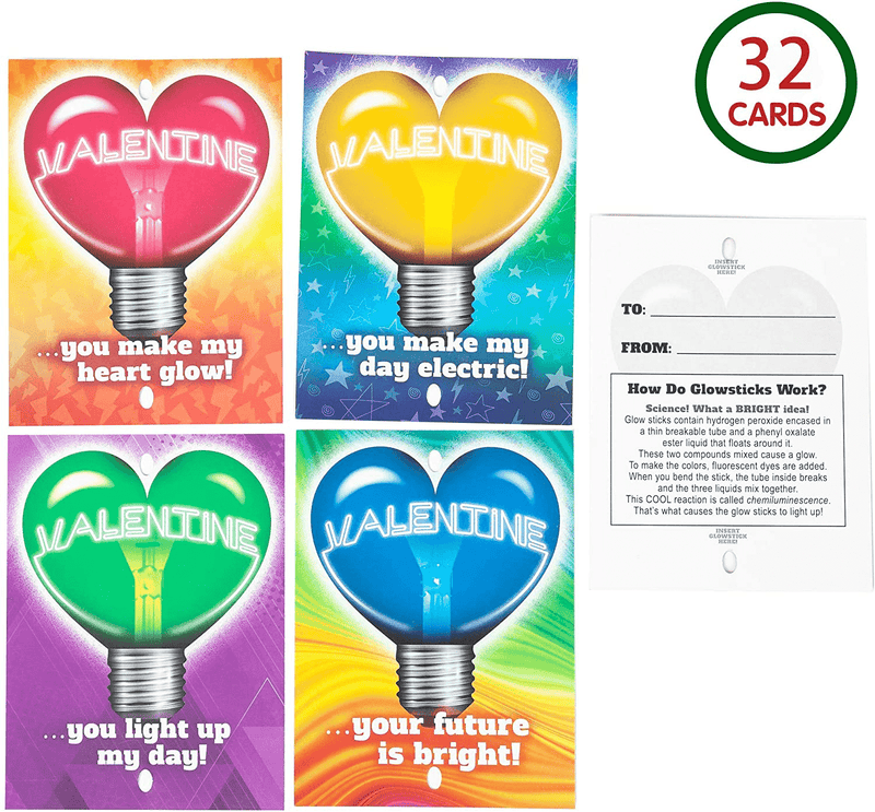 32 Pcs Neon Valentines Day Cards with 32 Glow Sticks for Valentine Classroom Exchange Cards and Valentine'S Party Favor
