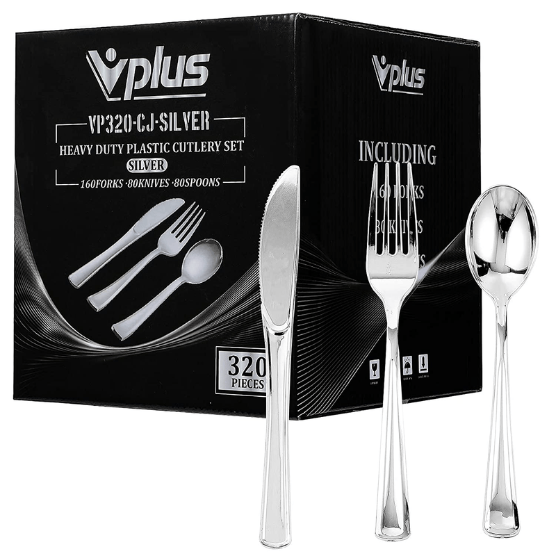 320 Plastic Silverware Set - Plastic Cutlery Set - Disposable Flatware - 160 Plastic Forks, 80 Plastic Spoons, 80 Cutlery Knives Heavy Duty Silverware for Party Bulk Pack