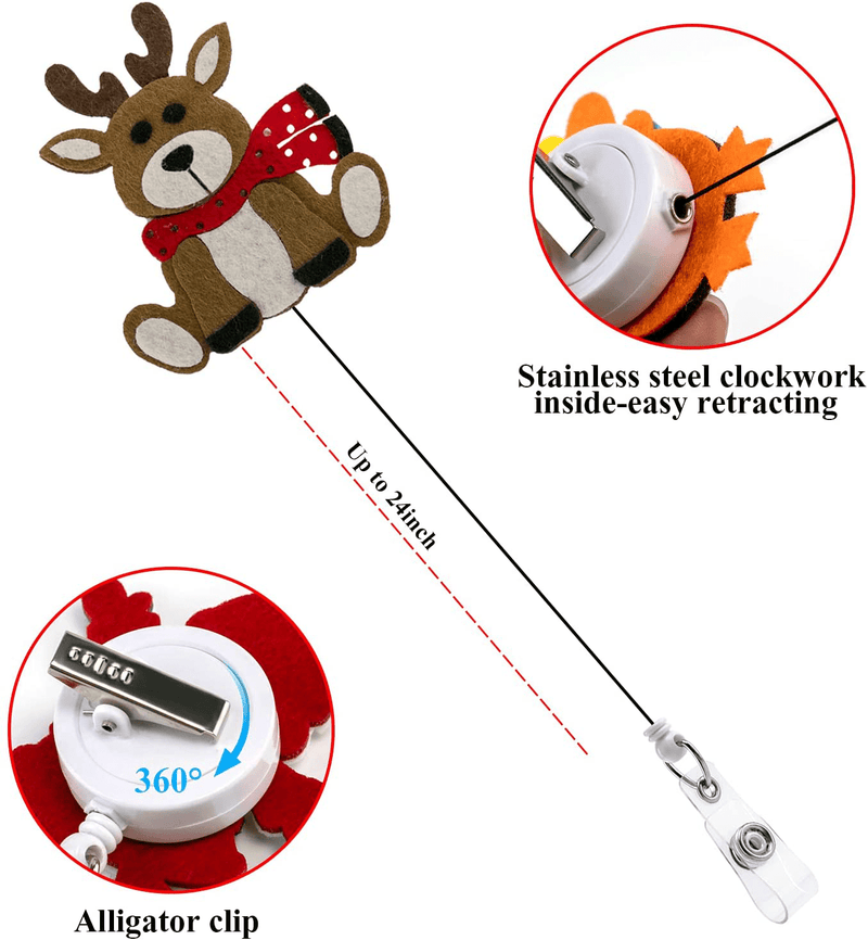 4 Pieces Holiday Badge Reels,Christmas Badge Reel, Accurate Stitching, Reinforced Strap, Easy to Use, Alligator Clip,Retractable Id Felt Badge Clip Christmas Reindeer Santa Claus Thanksgiving Turkey