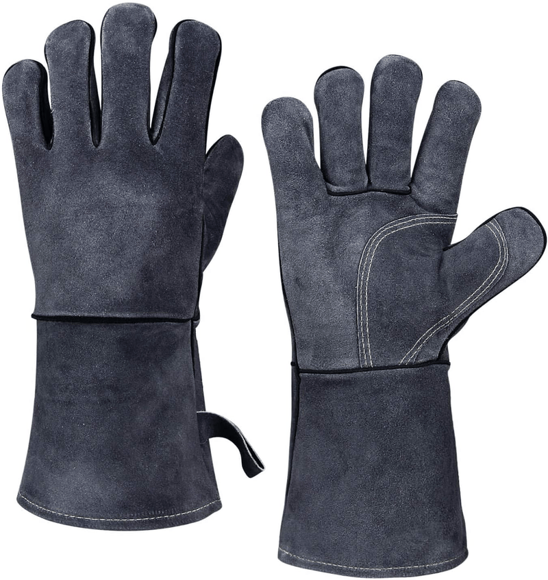 932°F Heat Resistant Leather Forge Welding Gloves Grill BBQ Glove for Tig Welder/Grilling/Barbecue/Oven/Fireplace/Wood Stove - Long Sleeve and Insulated Lining for Men and Women (Gray,14-inch)