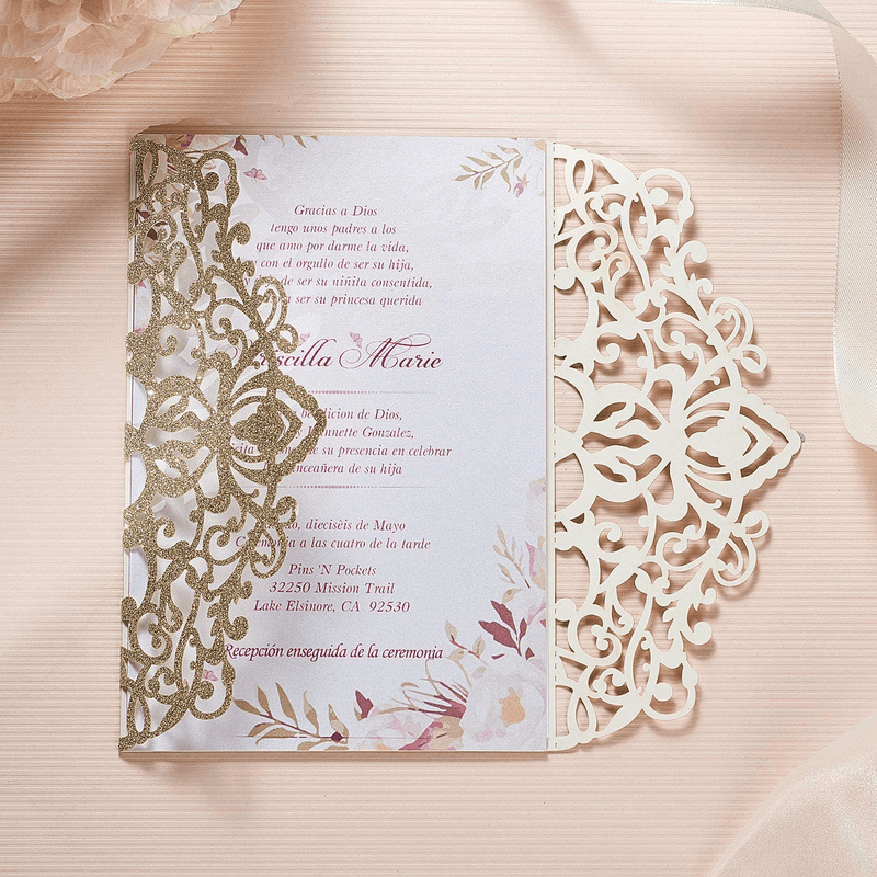 AdasBridal 50Pcs Glitter Floral Laser Cut Wedding Invitation Cards with Envelope Blank Inner Sheet and Ribbon for Wedding Engagement Bridal Shower Party Invite(7.09 X 4.92inch, Gold)