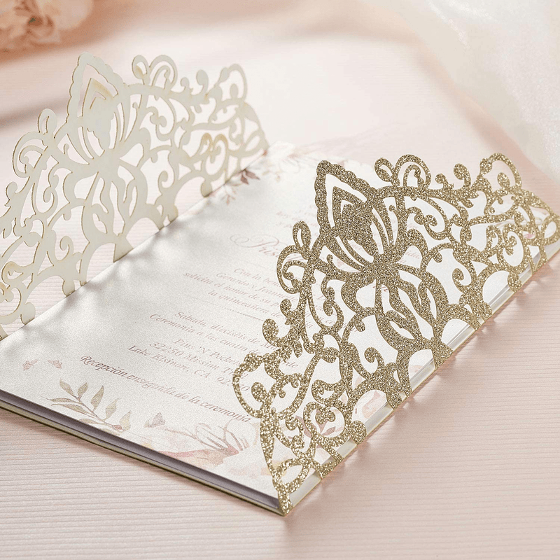 AdasBridal 50Pcs Glitter Floral Laser Cut Wedding Invitation Cards with Envelope Blank Inner Sheet and Ribbon for Wedding Engagement Bridal Shower Party Invite(7.09 X 4.92inch, Gold)