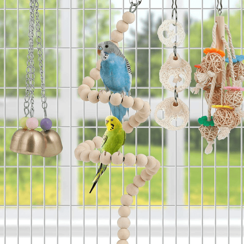 Bird Toy Parakeet Toy Perch Bird Cage Hammock Coconut Hideaway with Ladder Hanging Bell Swing Chewing Toy Hanging Toy for Parakeet,Conure,Cockatiel,Love Birds,Parrots (8 Pcs(with Mirror and Perch))