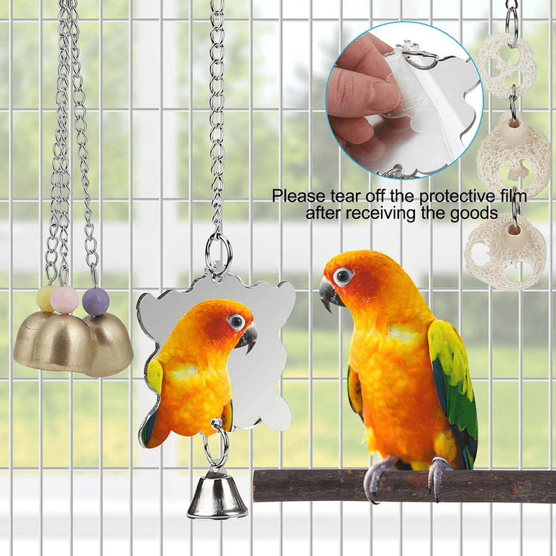 Bird Toy Parakeet Toy Perch Bird Cage Hammock Coconut Hideaway with Ladder Hanging Bell Swing Chewing Toy Hanging Toy for Parakeet,Conure,Cockatiel,Love Birds,Parrots (8 Pcs(with Mirror and Perch))