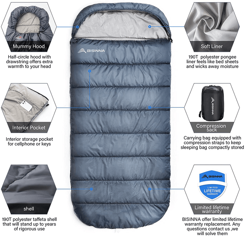 BISINNA XXL Sleeping Bag(90.55"X39.37") for Big and Tall Adults,3-4 Seasons plus Size Warm and Comfortable Waterproof Lightweight Sleeping Bag Great for Camping Backpacking Hiking Indoor & Outdoor