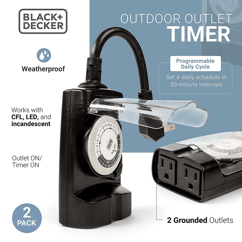 Black + Decker Outdoor Timer, 2 Pack, with 2 Grounded Outlets - Waterproof Outlet Timer with 30-Minute Intervals for Lights, Holiday Decorations - Analog Light Timers with Outlet On/Timer On Switch