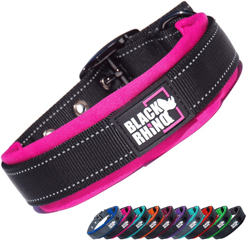 Black Rhino - The Comfort Collar Ultra Soft Neoprene Padded Dog Collar for All Breeds - Heavy Duty Adjustable Reflective Weatherproof (Large, Black)