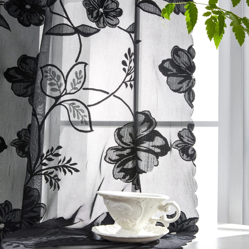 Black Sheer Lace Curtains for Bedroom Living Room Studio 84Inch Long Vintage Rose Floral Embroidered Semi Sheer Curtain Panels Privacy Leaf Sheer Drapes with Scalloped Edge 54" W 2Pcs 7Ft