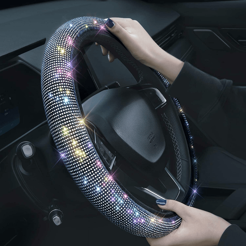 Bling Rhinestones Steering Wheel Cover with Crystal Diamond Sparkling Car SUV Breathable Anti-Slip Steering Wheel Protector (Fit 14.2"-15.3" Inch)