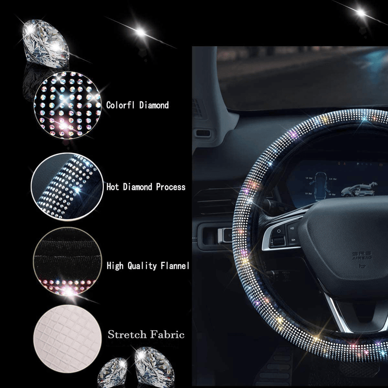 Bling Rhinestones Steering Wheel Cover with Crystal Diamond Sparkling Car SUV Breathable Anti-Slip Steering Wheel Protector (Fit 14.2"-15.3" Inch)