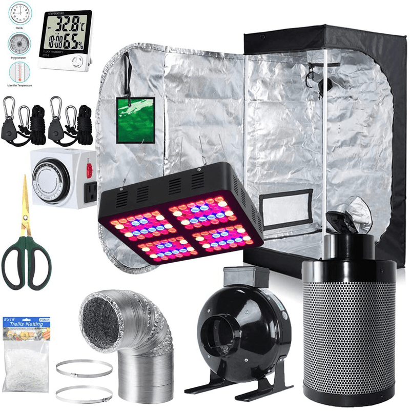 Bloomgrow 32''X32''X63'' Grow Tent + 4'' Fan Filter Duct Combo + 600W LED Light + Hangers + Hygrometer + Shears + 24 Hour Timer + Trellis Netting Indoor Grow Tent Complete Kit