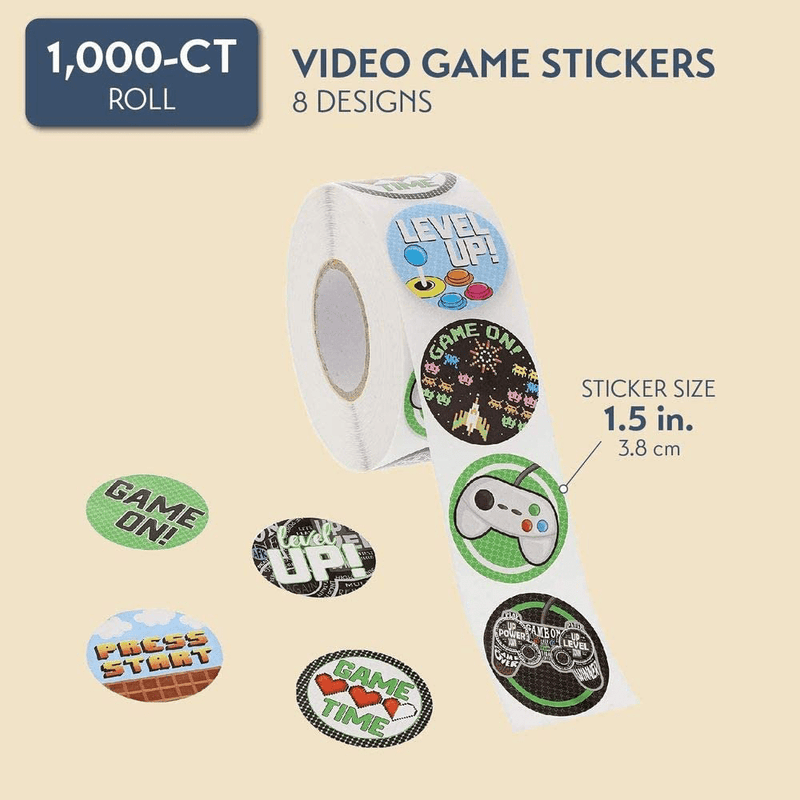 Blue Panda Kids Stickers (1 Roll) 1000 Count, 1.5 Inch, Video Games