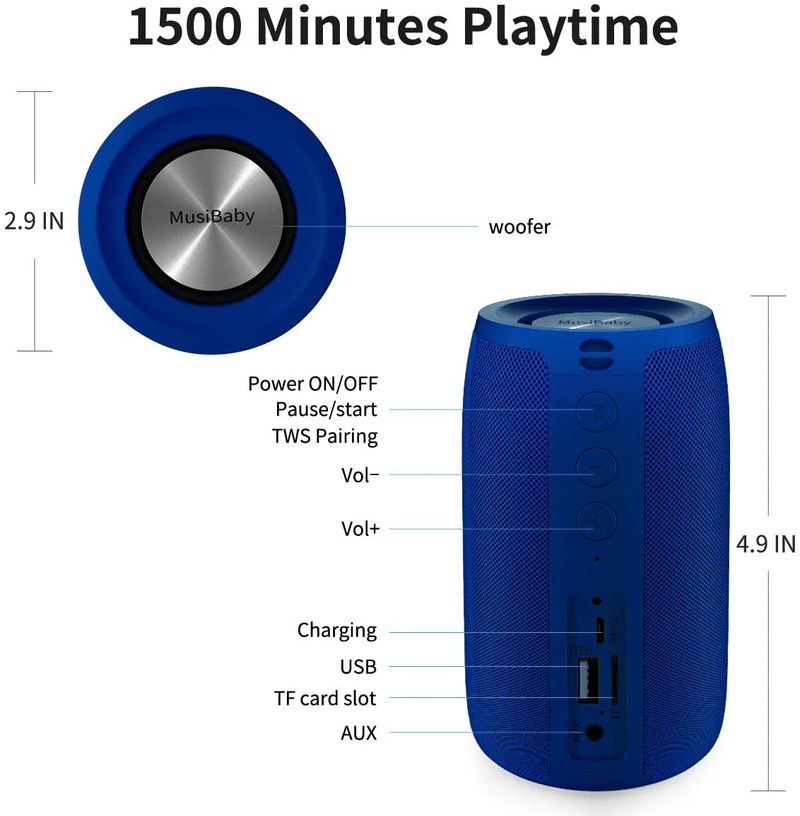 Bluetooth Speaker,MusiBaby Speaker,Outdoor Portable,Waterproof,Wireless Speakers,Dual Pairing,Bluetooth 5.0,Loud Stereo Booming Bass,1500 Mins Playtime for Home&Party (Blue)