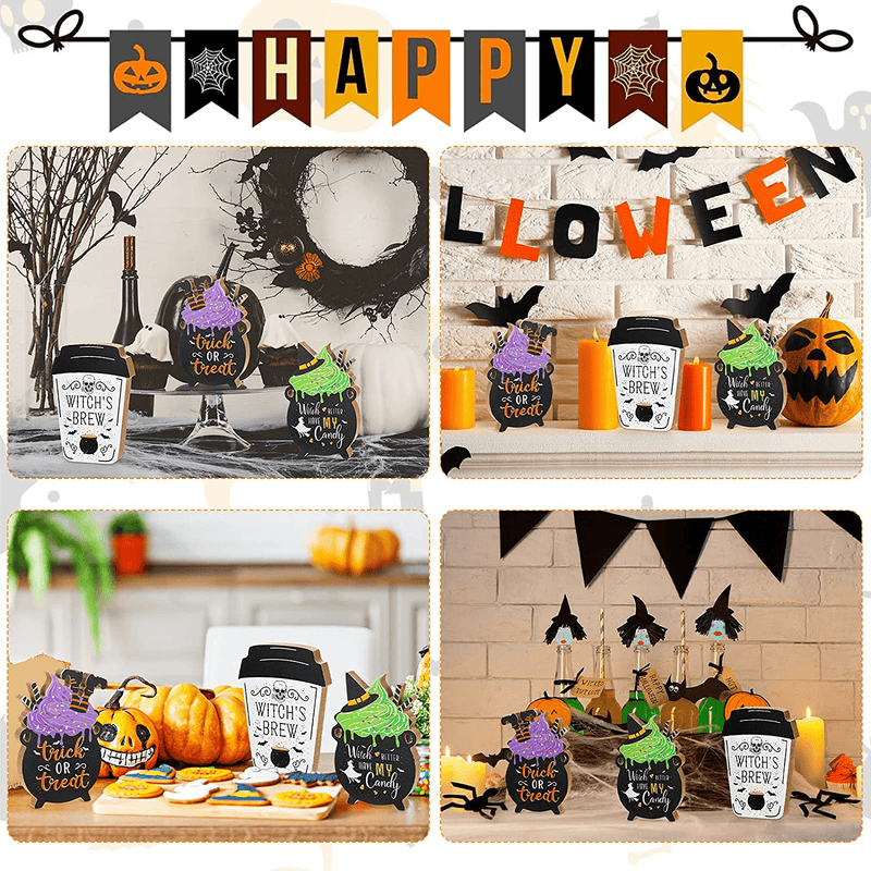 Blulu 3 Pieces Halloween Wooden Tabletop Sign,Trick or Treat Sign,Halloween Poison Candy Bar Sign,Vintage Coffee Wall Decor for Halloween Holiday Party Home Farmhouse Decorations