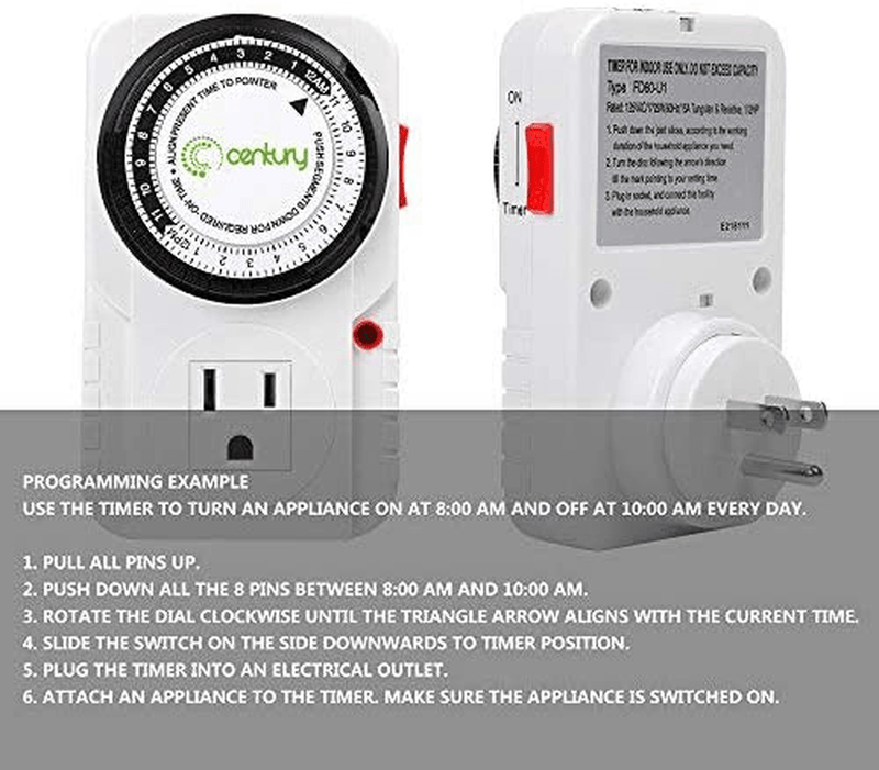 BN-LINK 24 Hour Plug-in Mechanical Timer Grounded Aquarium, Grow Light, Hydroponics, Pets, Home, Kitchen, Office, Appliances, UL Listed 125VAC, 60 Hz, 1875W, 15A, 1/2HP (1)