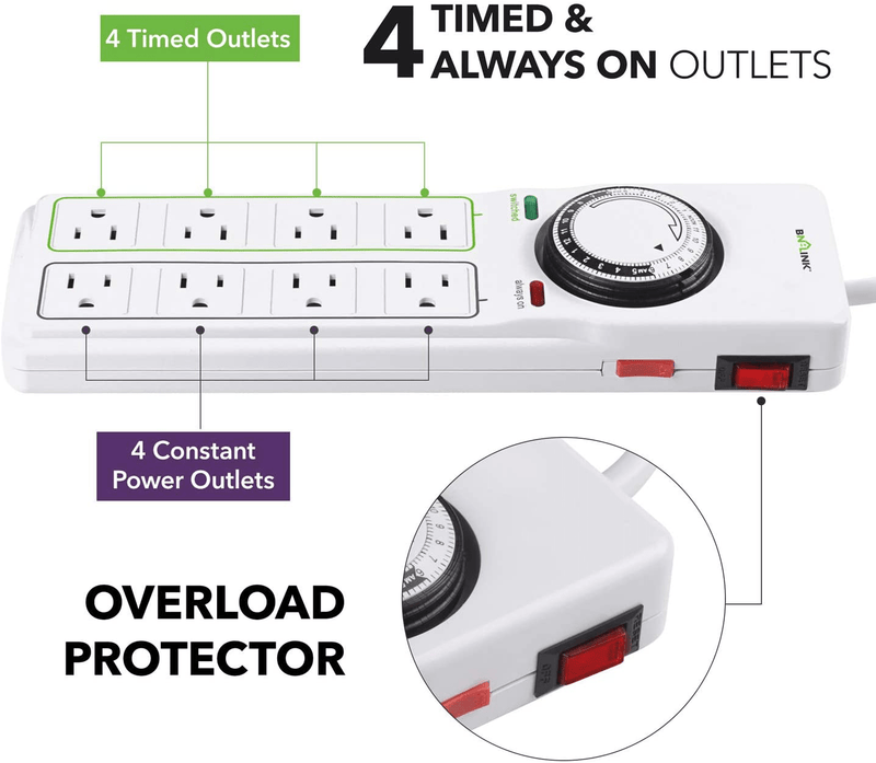 BN-LINK 8 Outlet Surge Protector with Mechanical Timer (4 Outlets Timed, 4 Outlets Always On) - White