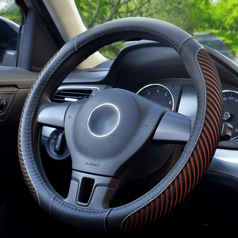 BOKIN Leather Steering Wheel Cover with Beathable Microfiber and Viscose for Men Women,Anti-Slip, Odorless,Universal 15 Inch Black Car Wheel Protector