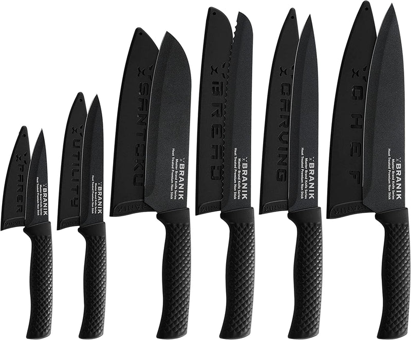BRANIK 6Pc Black Kitchen Knife Set with Protective Sheaths & Giftbox, Premium German Steel with Special Non-Stick Coating Making Them Dishwasher Safe. Sharp Black Knives Set for Kitchen Knife Set.