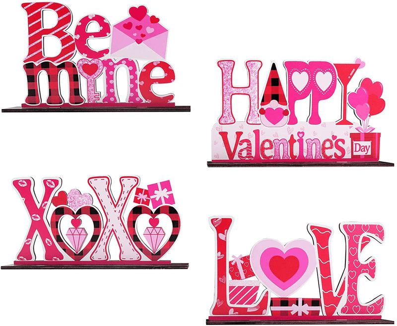 Bunny Chorus 4 Pcs Valentine'S Day Decorations Love Wooden Table Sign, Romantic Tabletop Centerpiece Signs Ornaments for Gift Dining Room Table Wedding Anniversary Party Supplies Décor Tray Decor