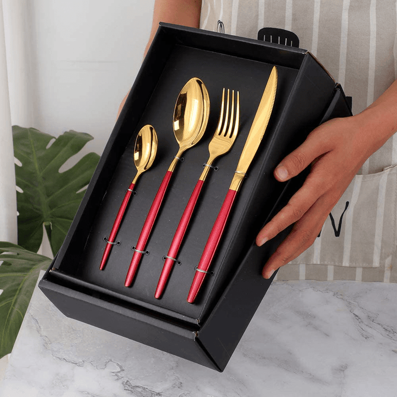 Buyer Star Flatware Set, 20-Piece Stainless Steel Silverware Cutlery Set Service for 5, Red Handle Gold Dishes Dinnerware Set with Gift Box, Mirror Finish