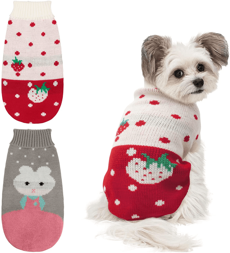 BWOGUE 2 Packs Small Dog Sweater Knitted Puppy Sweater Warm Winter Kitten Clothes Cat Sweater Clothes Cute Strawberry and Rabbit Doggie Sweaters for Small Medium Dogs Girls Boys