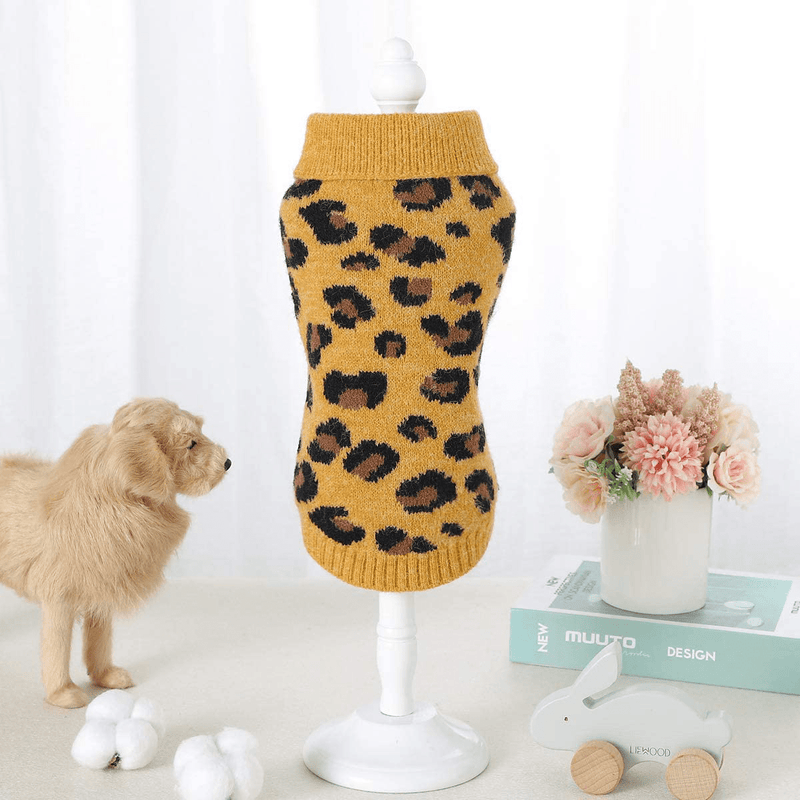 Camidy Pet Dog Sweater,Pet Cat Knitted Sweater Leopard Pattern Warm Sweatshirt Winter Pullover Clothes for Small Medium Dog