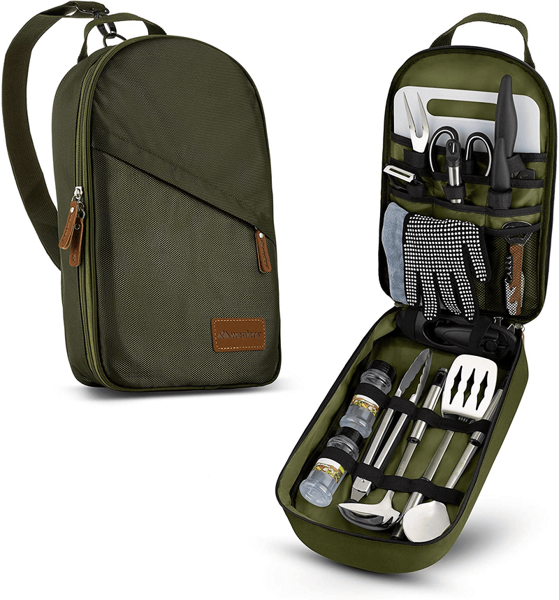 Camp Kitchen Cooking Utensil Set Travel Organizer Grill Accessories Portable Compact Gear for Backpacking BBQ Camping Hiking Travel Cookware Kit Water Resistant Case