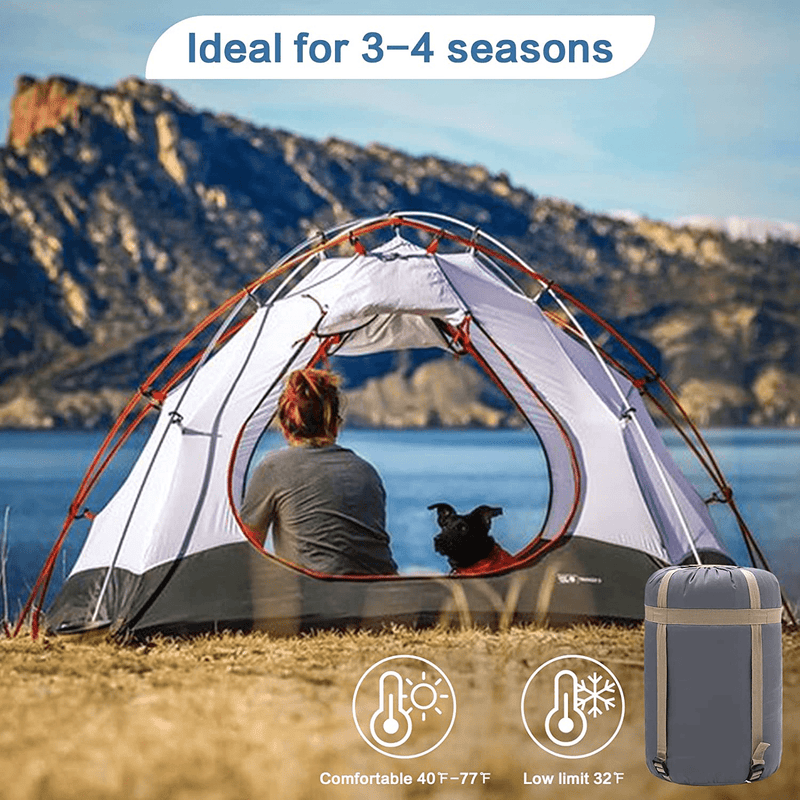 Camping Sleeping Bags - Portable and Lightweight - Backpack Sleeping Bag for for Adults, Teens & Kids - with Compression Sake - 3-4 Season Waterproof Dark Grey Left Ziipper