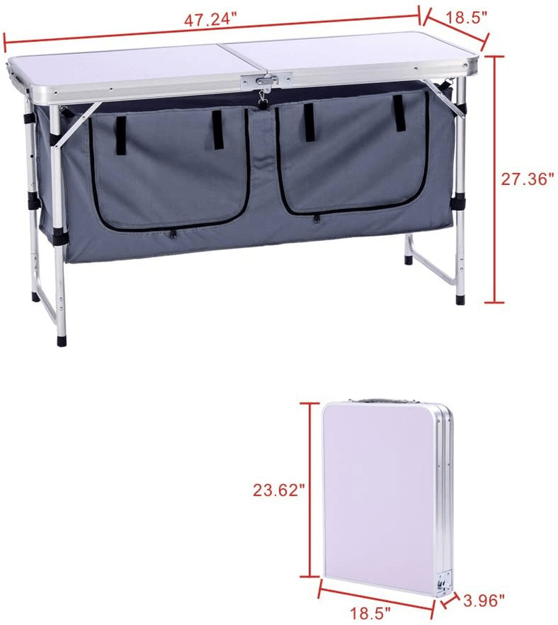Campland Outdoor Folding Table Aluminum Lightweight Height Adjustable with Storage Organizer for BBQ, Party, Camping (Grey)