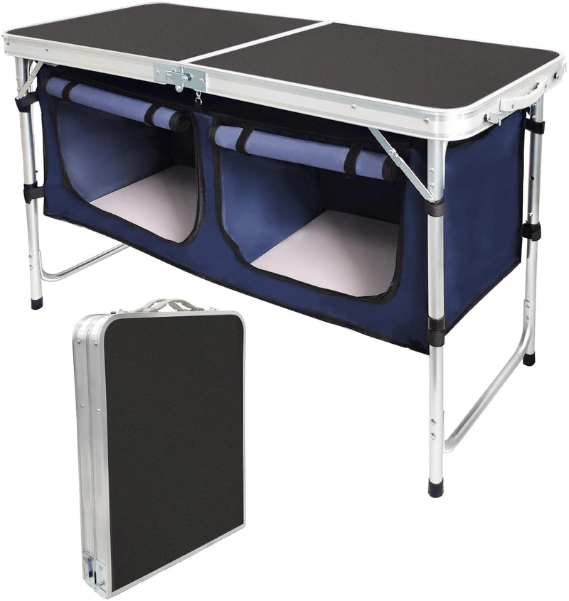 Campland Outdoor Folding Table Aluminum Lightweight Height Adjustable with Storage Organizer for BBQ, Party, Camping (Grey)