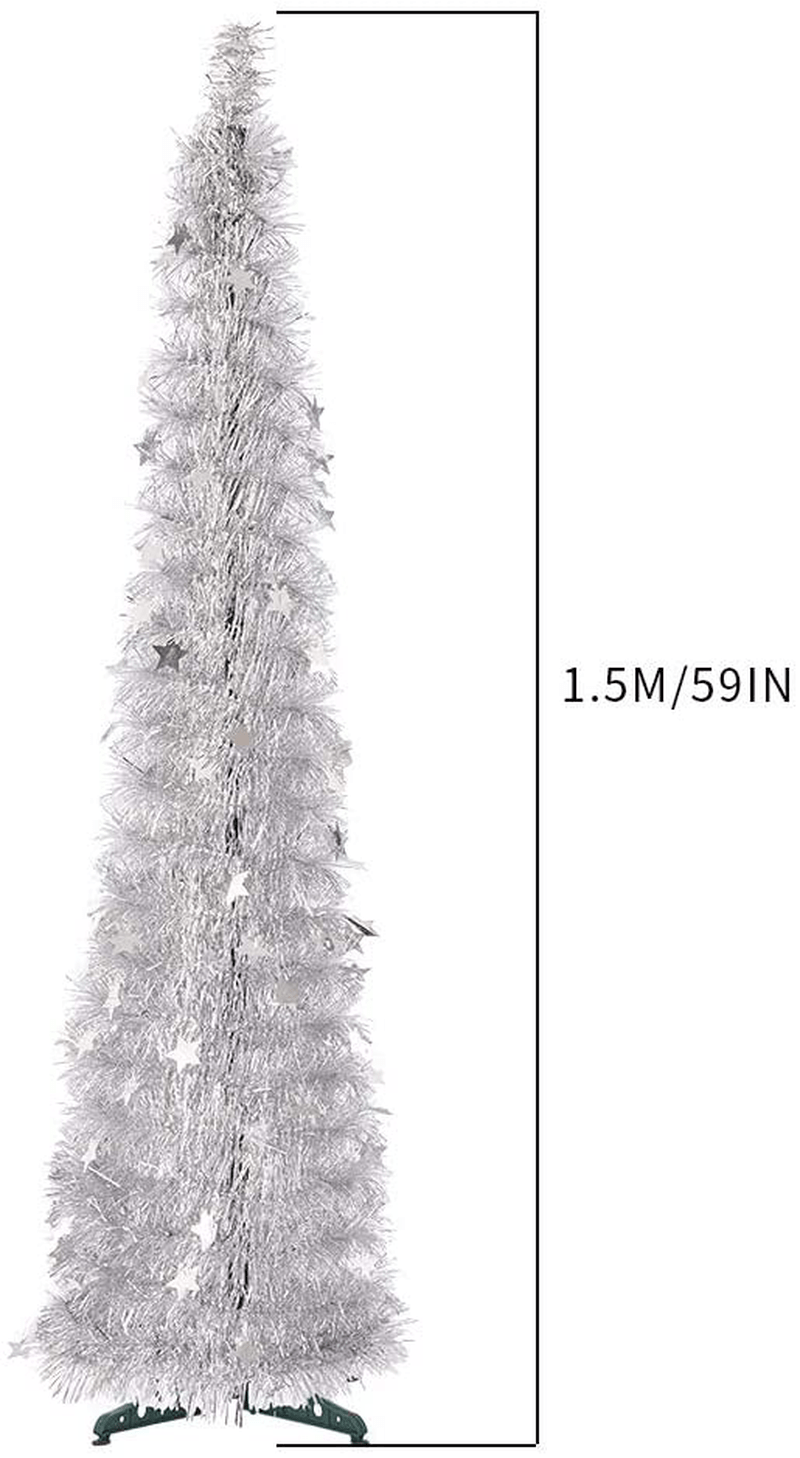 CCINEE 5FT Christmas Tinsel Tree Collapsible Stand Easy-Assembly Silver Tinsel Xmas Tree for Holiday Party Home Office Store Classroon Decoration