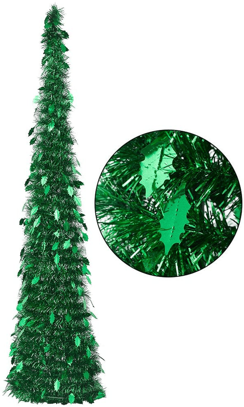 CCINEE 5FT Christmas Tinsel Tree Collapsible Stand Easy-Assembly Silver Tinsel Xmas Tree for Holiday Party Home Office Store Classroon Decoration