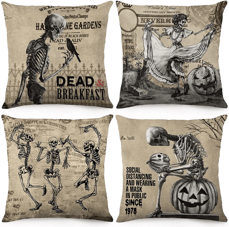 CDWERD Vintage Halloween Pillow Covers 18x18 Inch Set of 4 Skull Throw Pillowcase Halloween Decor Linen Cushion Case for Couch Sofa Home