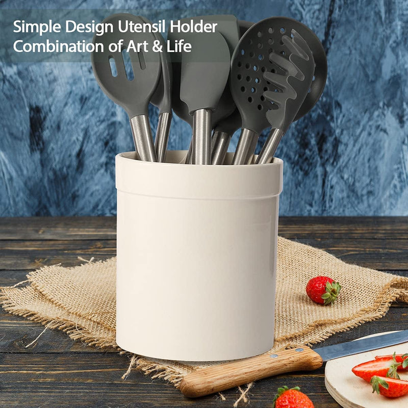 Ceramic Kitchen Utensil Holder, Utensil Crock Large Utensils Holder for Kitchen Decor, Cooking Tool Utensils Caddy for Countertop, White