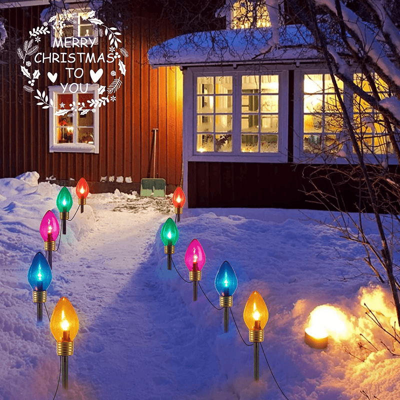 Christmas Lights Jumbo C9 Outdoor Lawn Decorations with Pathway Marker Stakes, 8.5 Feet C7 String Lights Covered Jumbo Multicolored Light Bulb, for Holiday Time Outside Yard Garden Decor, 5 Lights