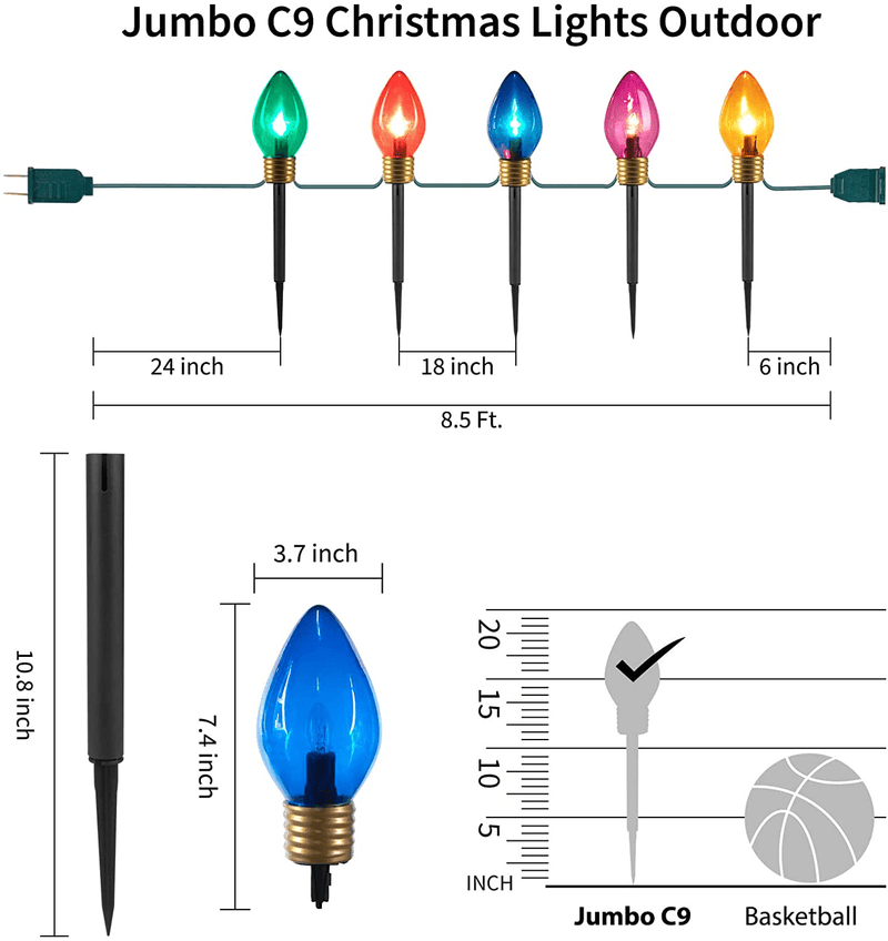 Christmas Lights Jumbo C9 Outdoor Lawn Decorations with Pathway Marker Stakes, 8.5 Feet C7 String Lights Covered Jumbo Multicolored Light Bulb, for Holiday Time Outside Yard Garden Decor, 5 Lights