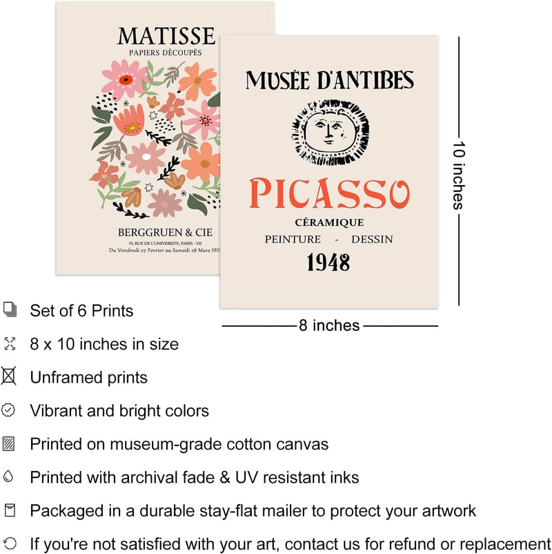 Iknostine Famous Artist Wall Art Prints Set of 6 Matisse Posters Canvas Artwork Abstract Aesthetic Picasso Bauhaus Flower Market Gallery Wall Decor for Bedroom Kitchen Bathroom (8"X10" UNFRAMED)