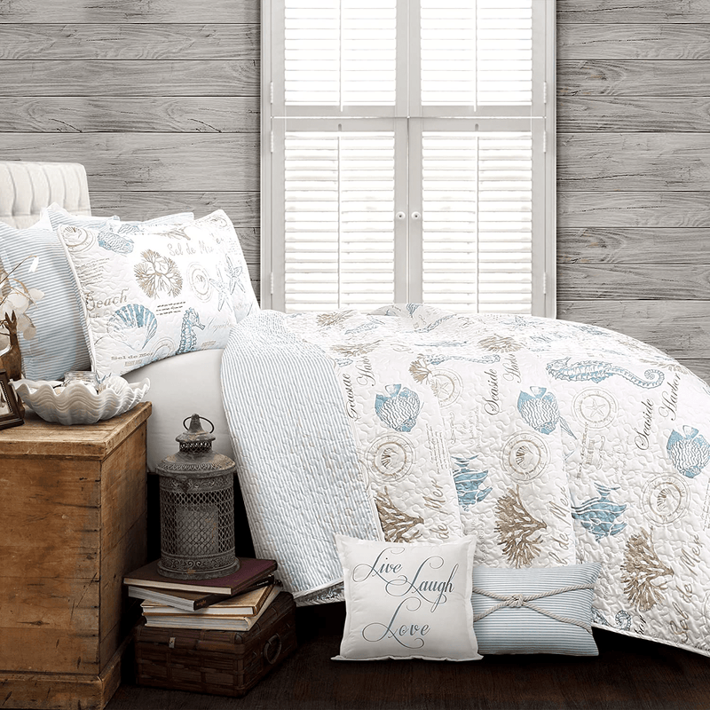 Lush Decor 7 Piece Harbor Life Quilt Set, King, Blue and Taupe
