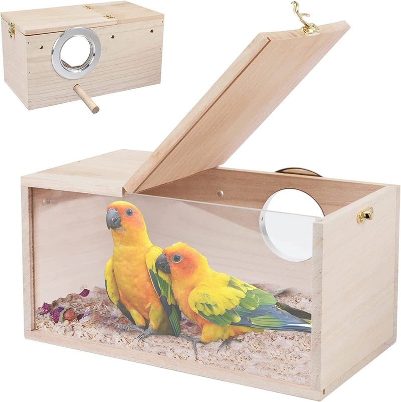 Rypet Parakeet Nesting Box Transparent Design, Bird Nest Breeding Box with Perch Wood Bird Cage House for Cockatiel Lovebirds Budgie Finch Parrotlets Canary