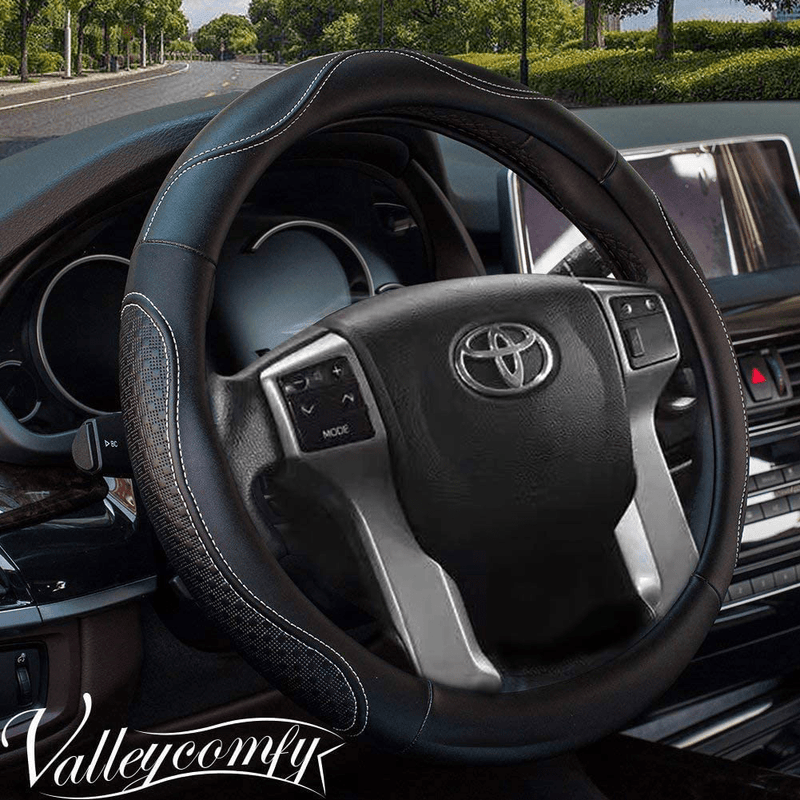 Valleycomfy 15.75 inch Auto Car White Leather Steering Wheel Covers- for F-150