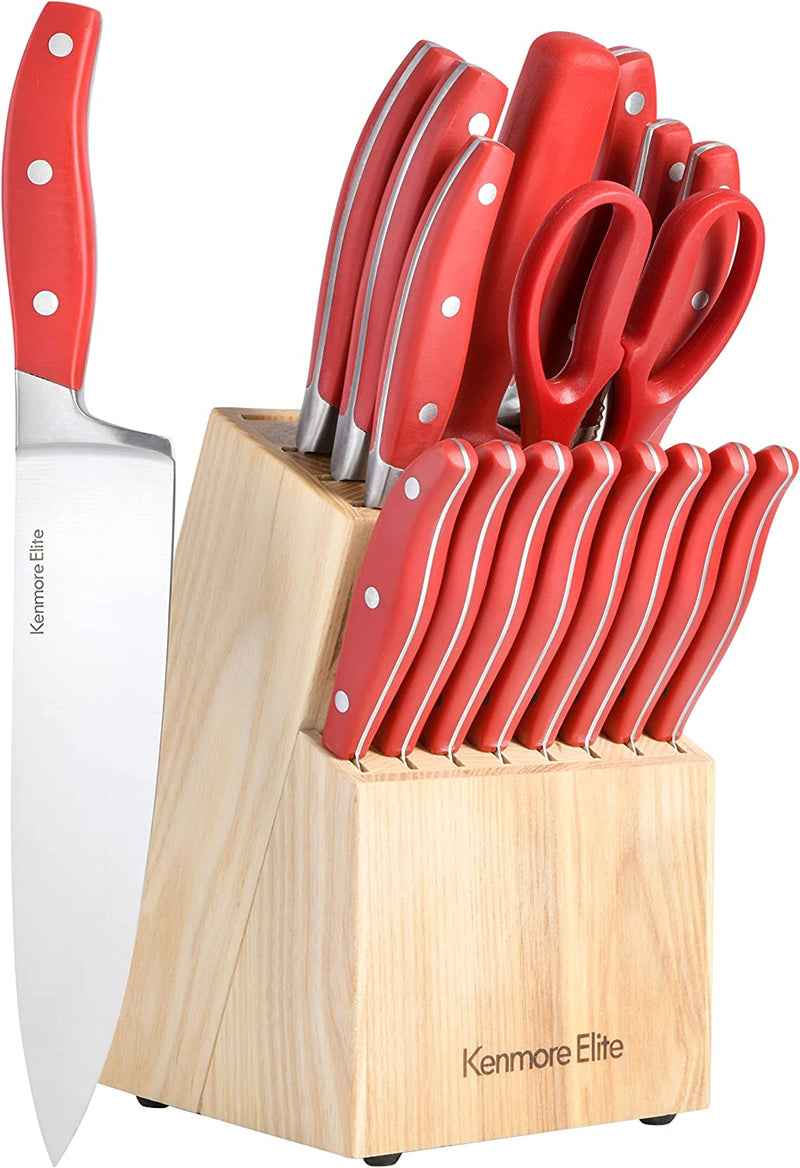 Kenmore Elite Lucas Forged Stainless Steel Kitchen Knife Cutlery Block Set, 18-Piece, Black/Ashwood (Block)