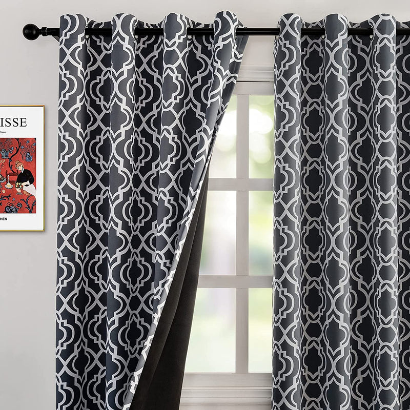Reepow Grey Blackout Curtains 84 Inch Length for Bedroom Living Room, Soft Heavy Weight Moroccan Full Blackout Grommet Window Drapes Set of 2 Panels, 52" W X 84" L