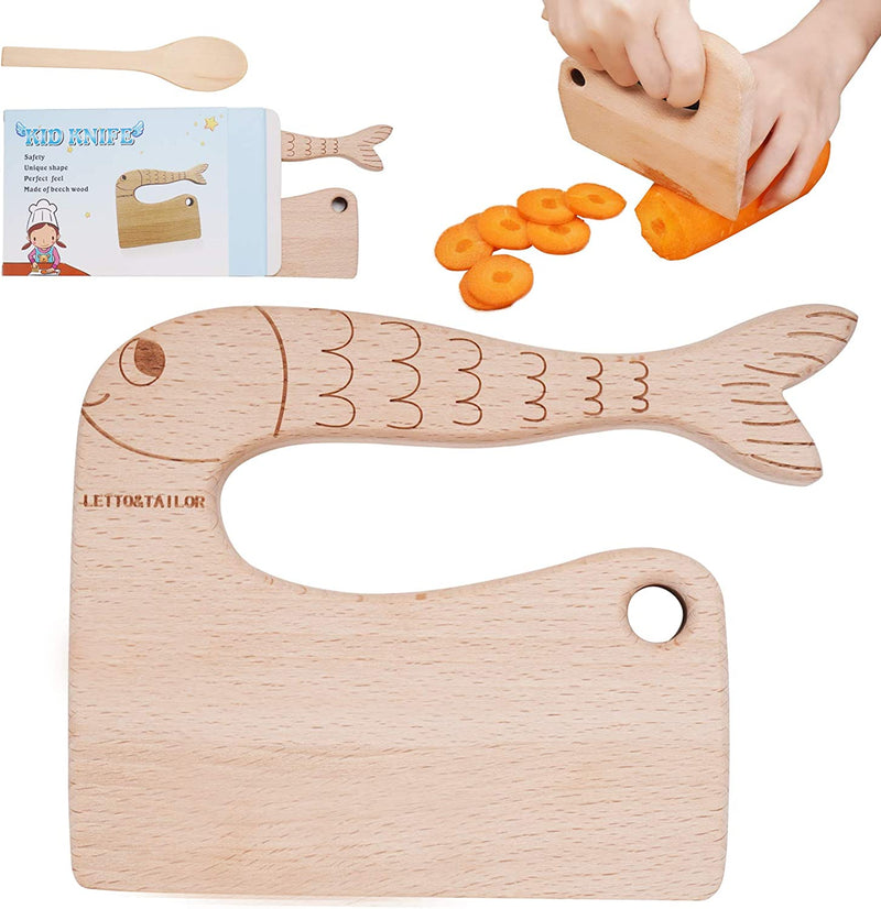 LETTO & TAILOR Wooden Kids Knife for Cooking, Children'S Safe Knives, Montessori Kitchen Tools for Toddlers, Chopper, Cutting Fruit and Vegetable (For 2-10 Years Old)